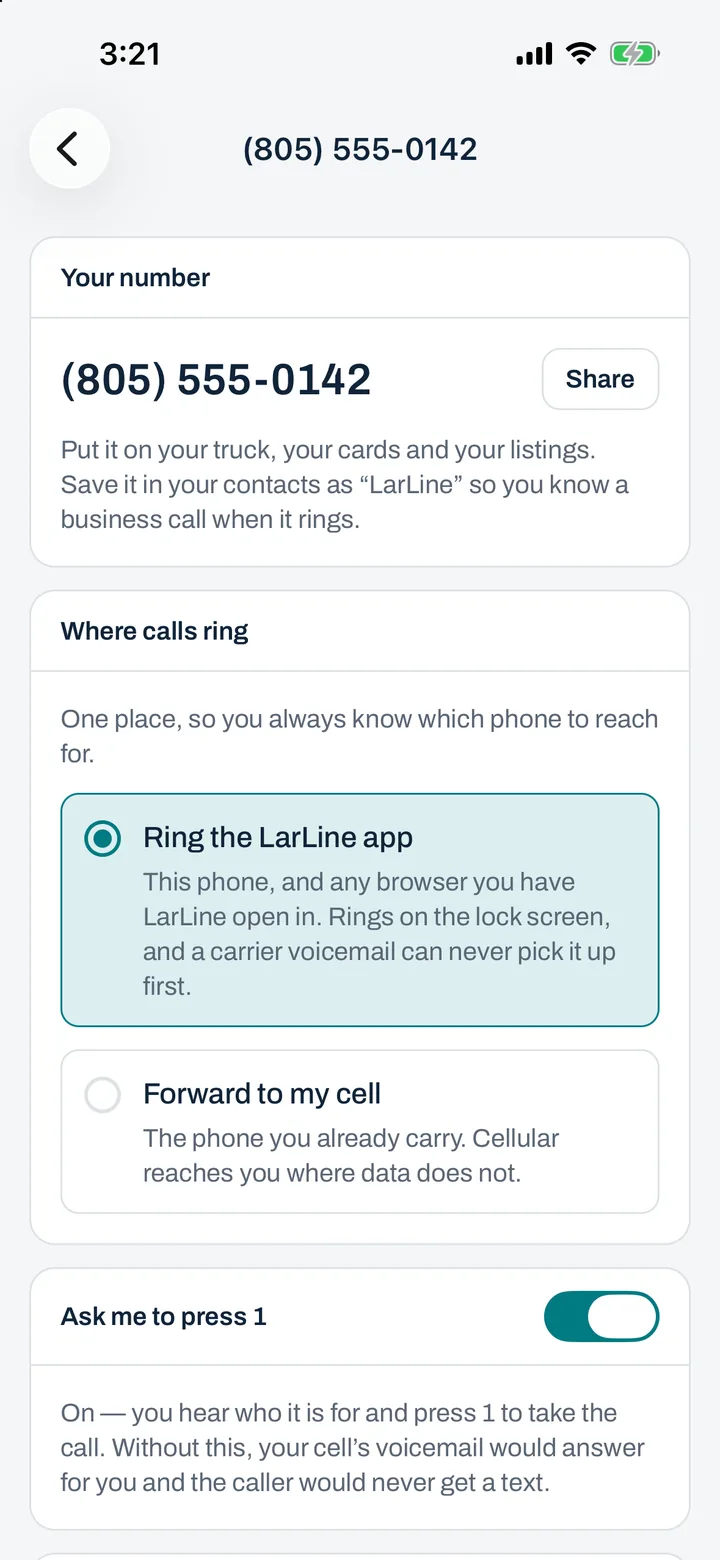 Number settings: where calls ring, the text-back message and business hours