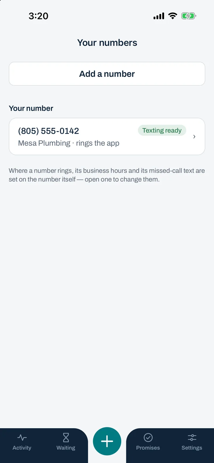 The Numbers screen: your business number and the area code you chose