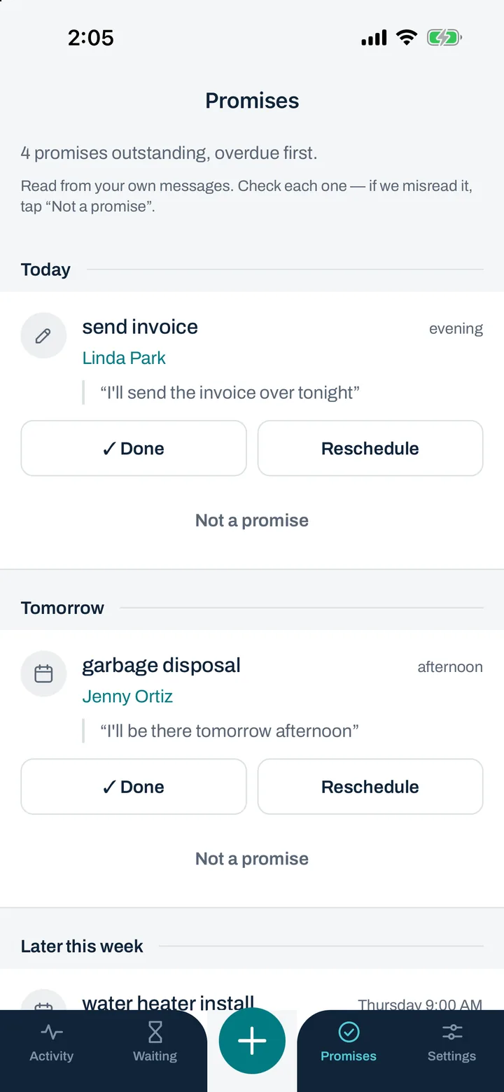 The Promises screen in LarLine: things you told customers you would do, pulled from your own texts, with Done and Reschedule buttons