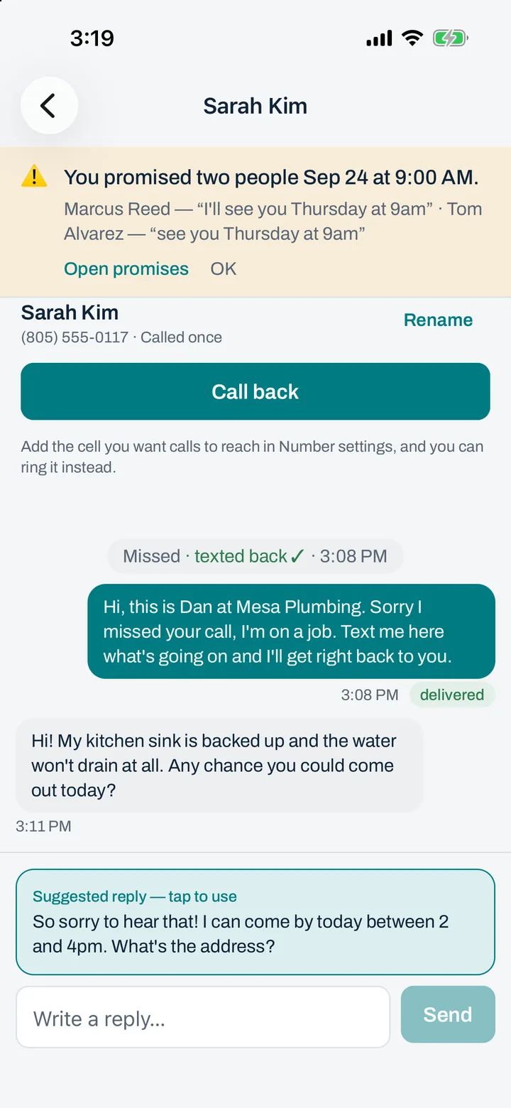 A thread: the missed call, the text-back sent for you, the customer’s reply and a suggested reply