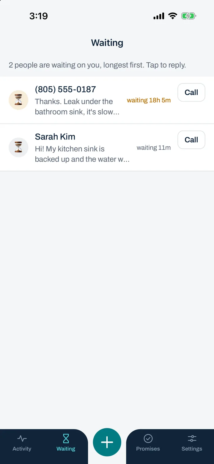 The Waiting screen: every customer who is still waiting on an answer from you